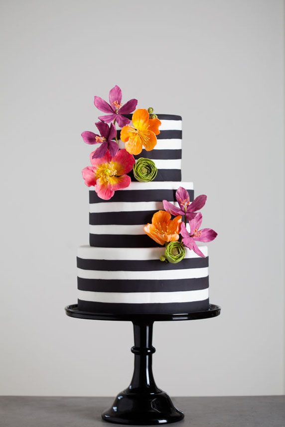 Black and White Stripes Cake with Flowers