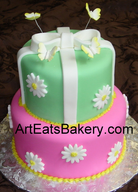 Pink and White Fondant Birthday Cake