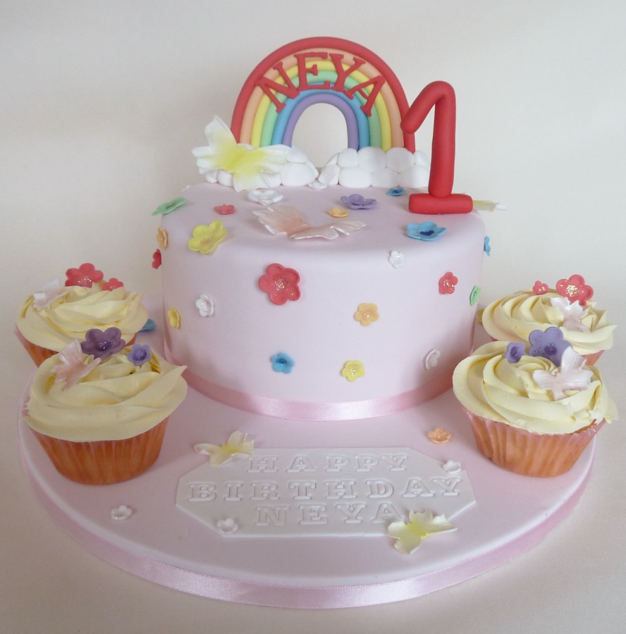 Rainbow Cake with Flowers Butterflies