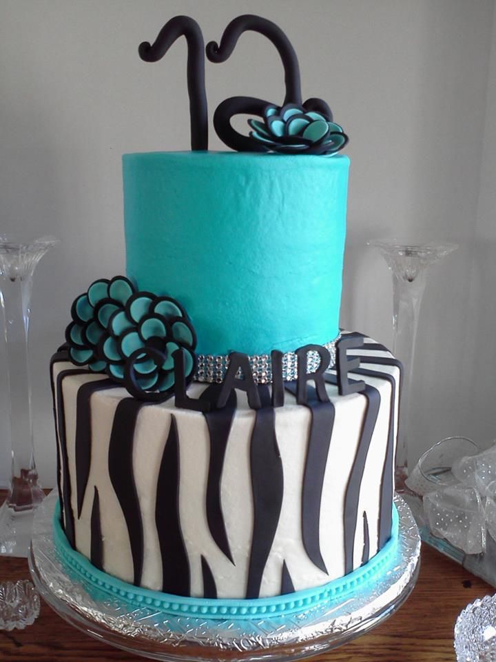 Turquoise and Zebra Birthday Cake