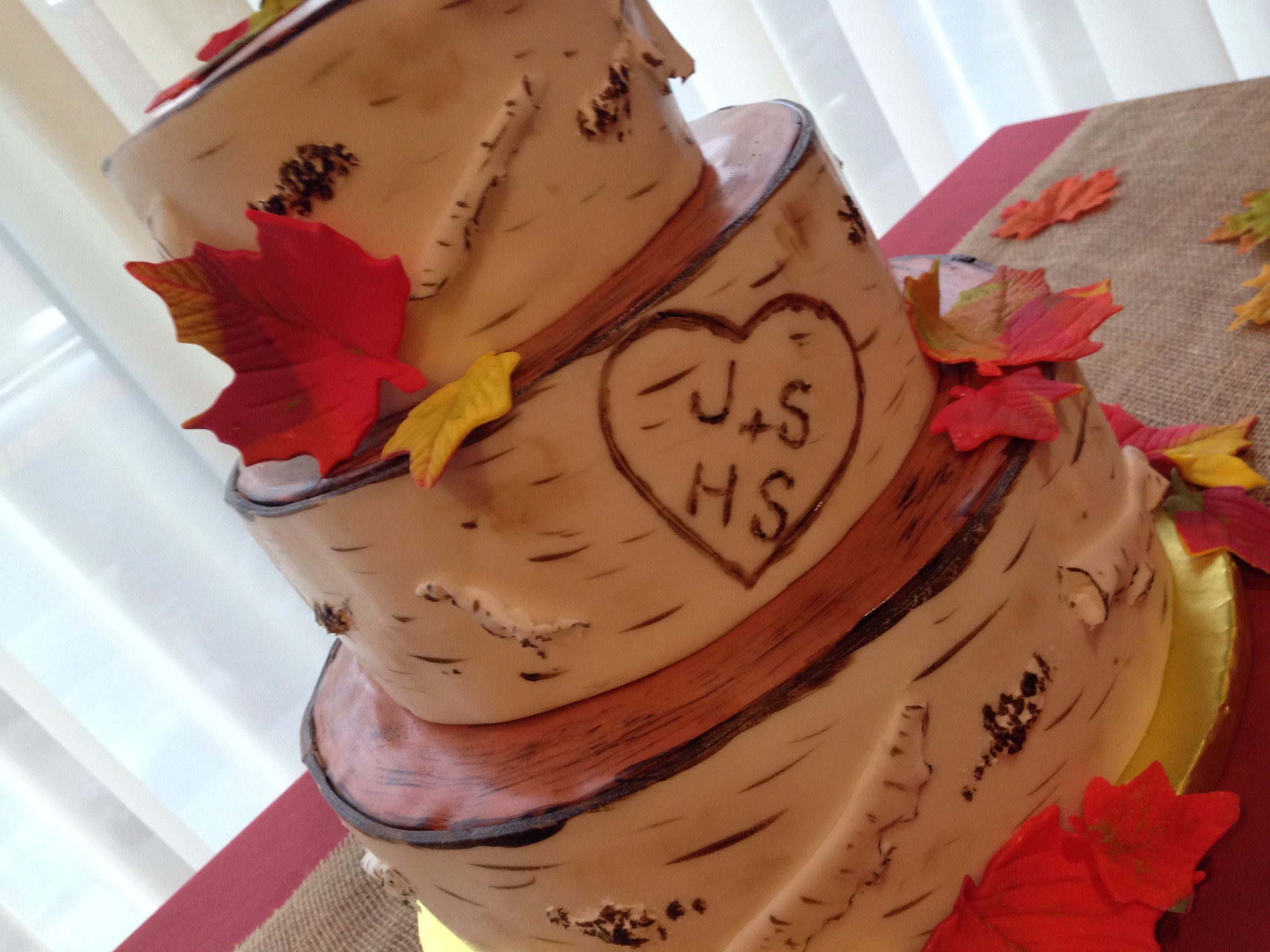 Birch Tree Wedding Cakes with Fall Leaves