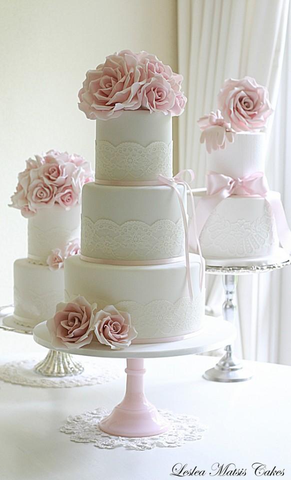 Pink Rose and Lace Wedding Cake