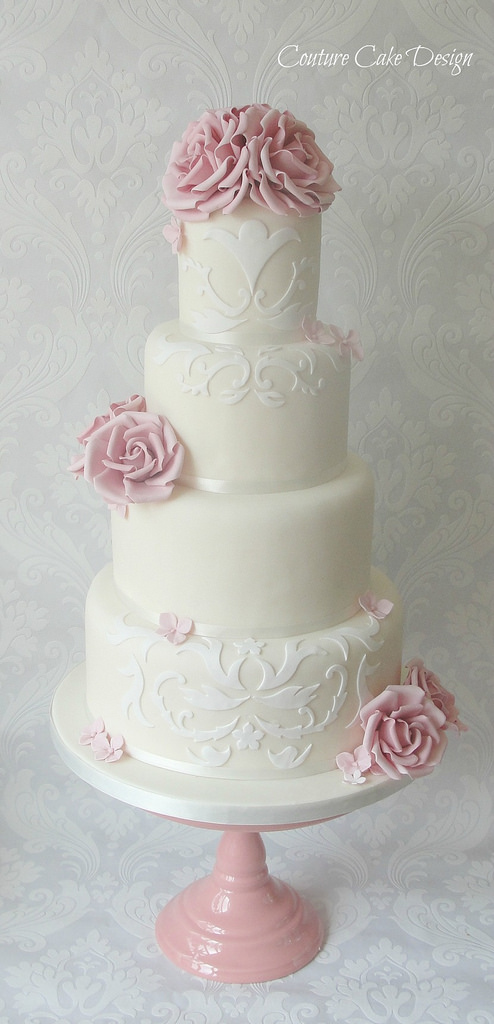 Pink Rose and Lace Wedding Cake