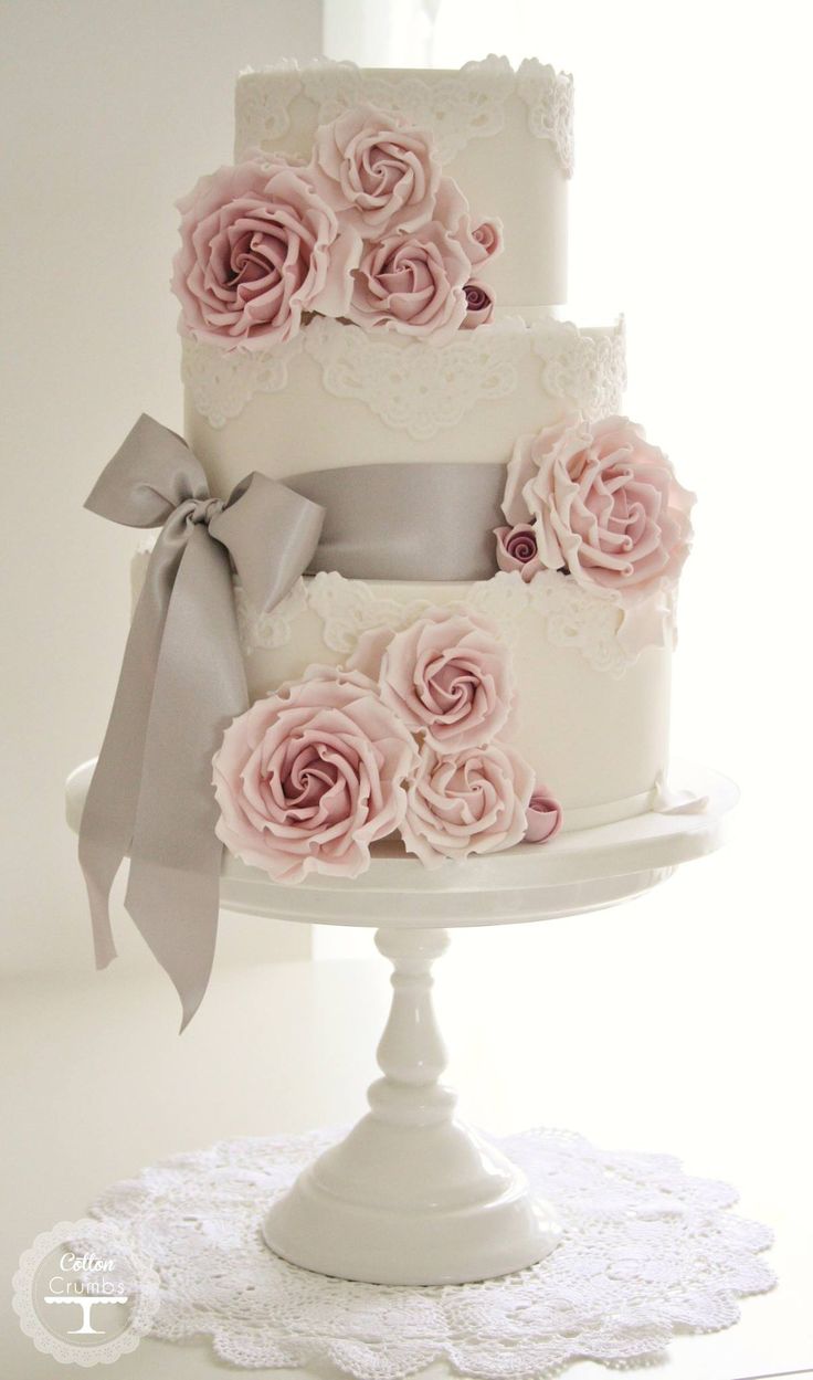 Wedding Cake with Ribbon and Roses