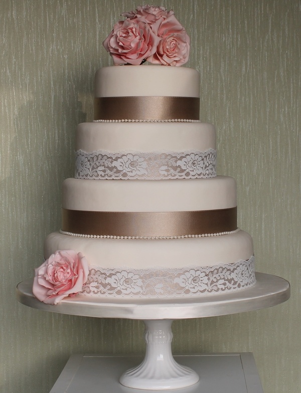 Wedding Cake with Lace and Ribbons