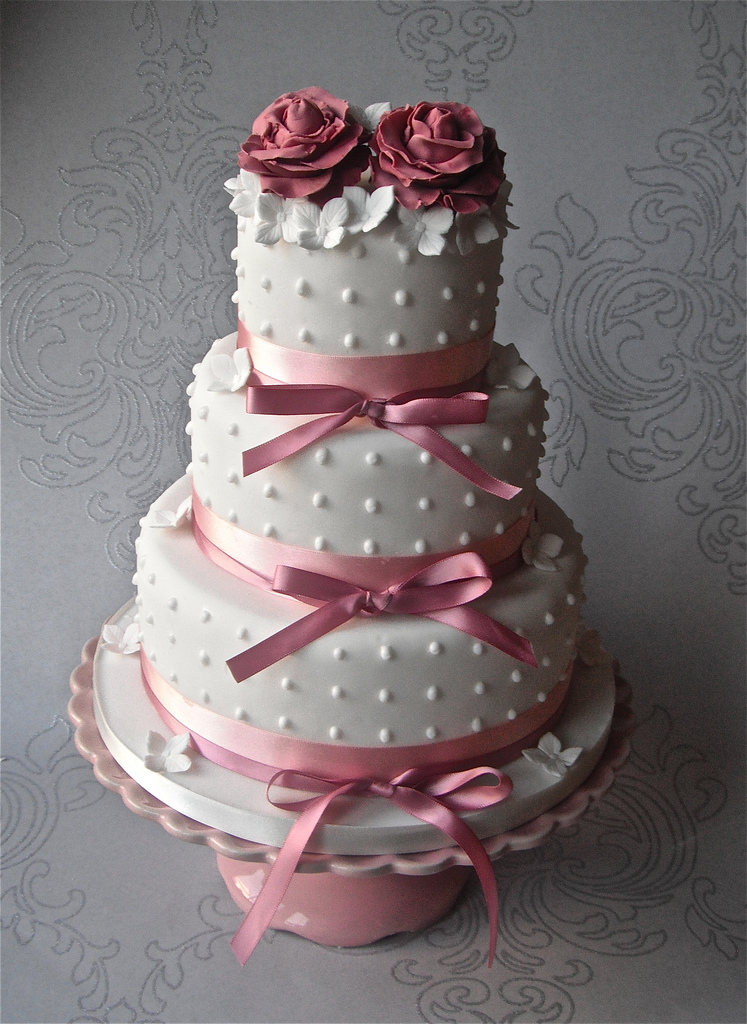 Wedding Cake with Pink Ribbons