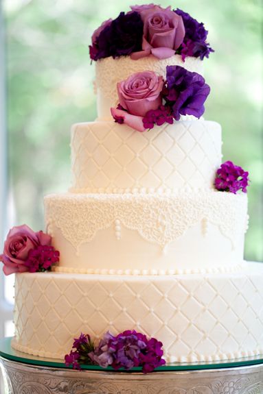 Wedding Cake with Purple Flowers