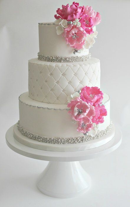 White Wedding Cake with Pink Flowers