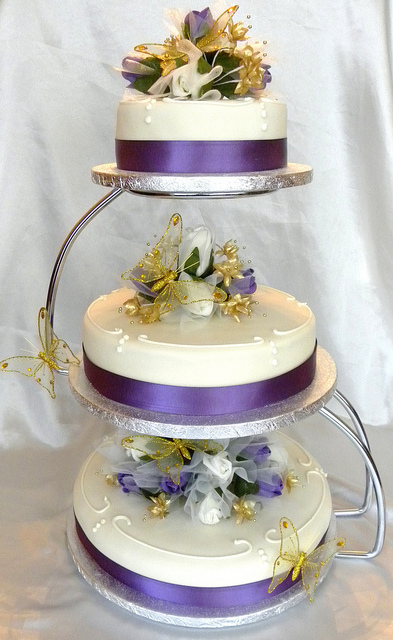 3 Tier Wedding Cake Purple and Gold