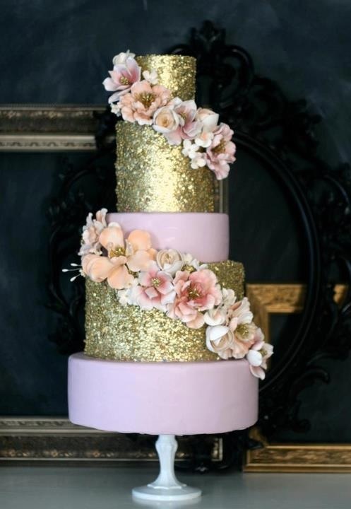 Blush Pink and Gold Glitter Wedding Cake