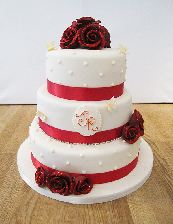 Red Wedding Cakes with Roses and Glitter