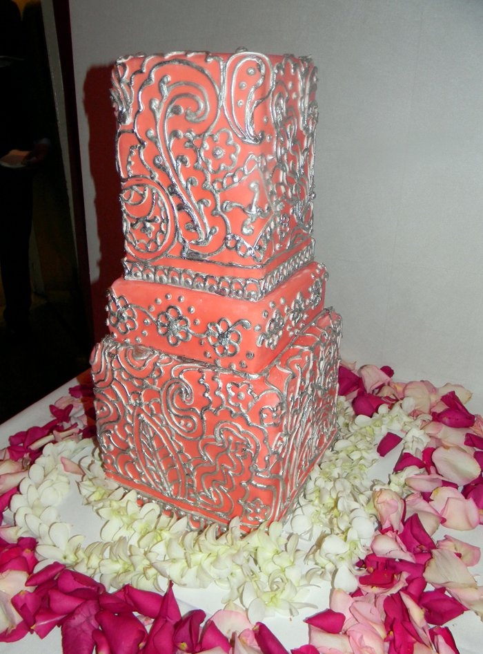 Coral and Silver Wedding Cakes