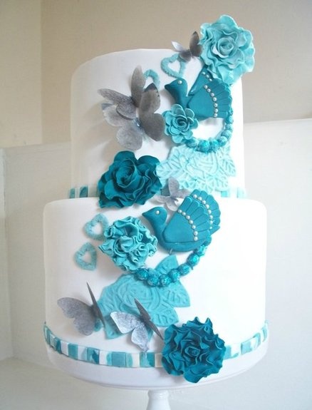 Teal White and Silver Wedding Cake