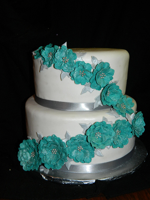 Teal White and Silver Wedding Cake