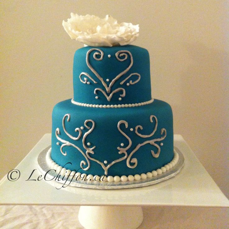 White and Teal Wedding Cake