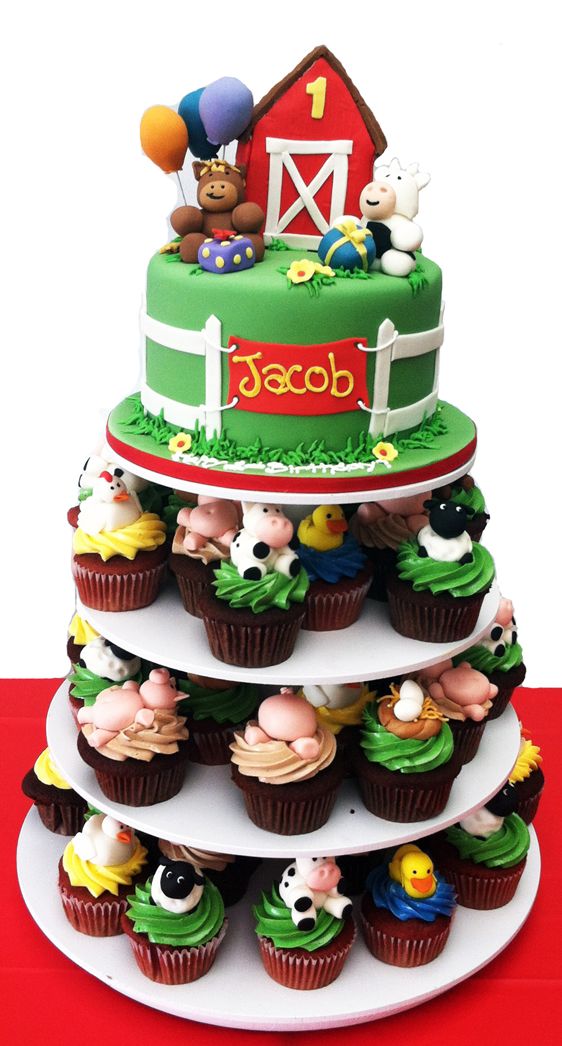 Farm Animal Birthday Cake and Cupcakes