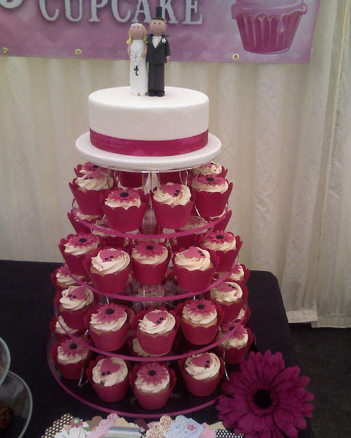 Pink Wedding Cake and Cupcake Tower