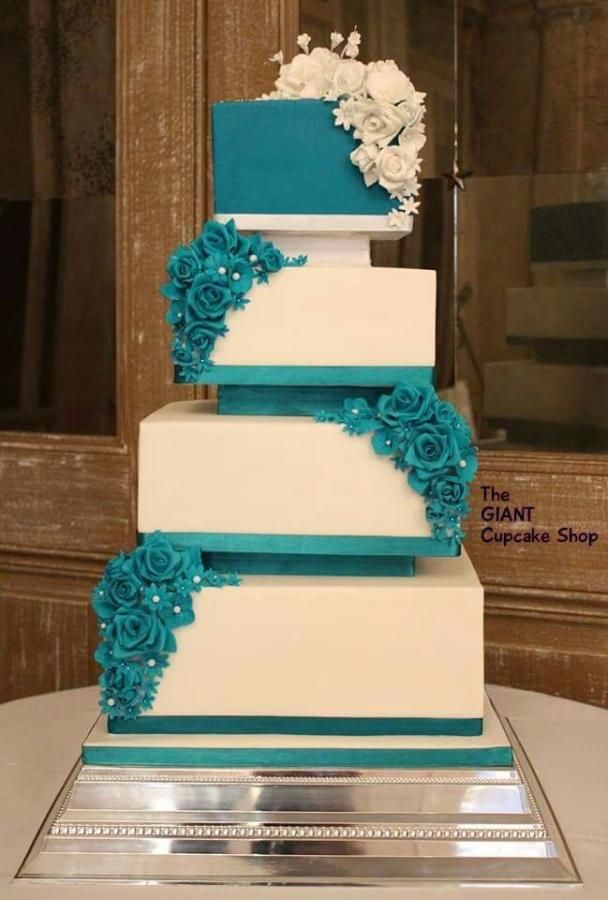 Teal and White Square Wedding Cakes