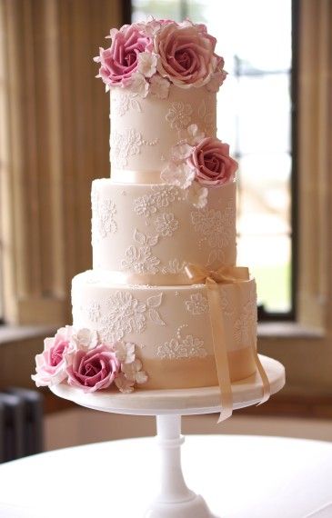 Wedding Cake with Pink Flowers