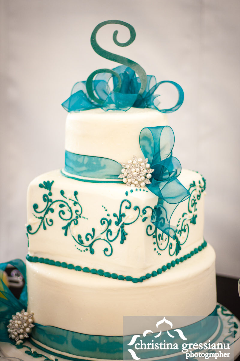 White and Teal Wedding Cake