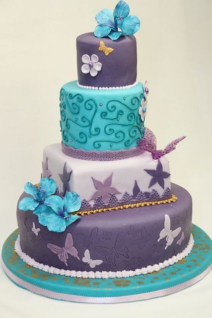 Turquoise and Purple Butterfly Wedding Cake