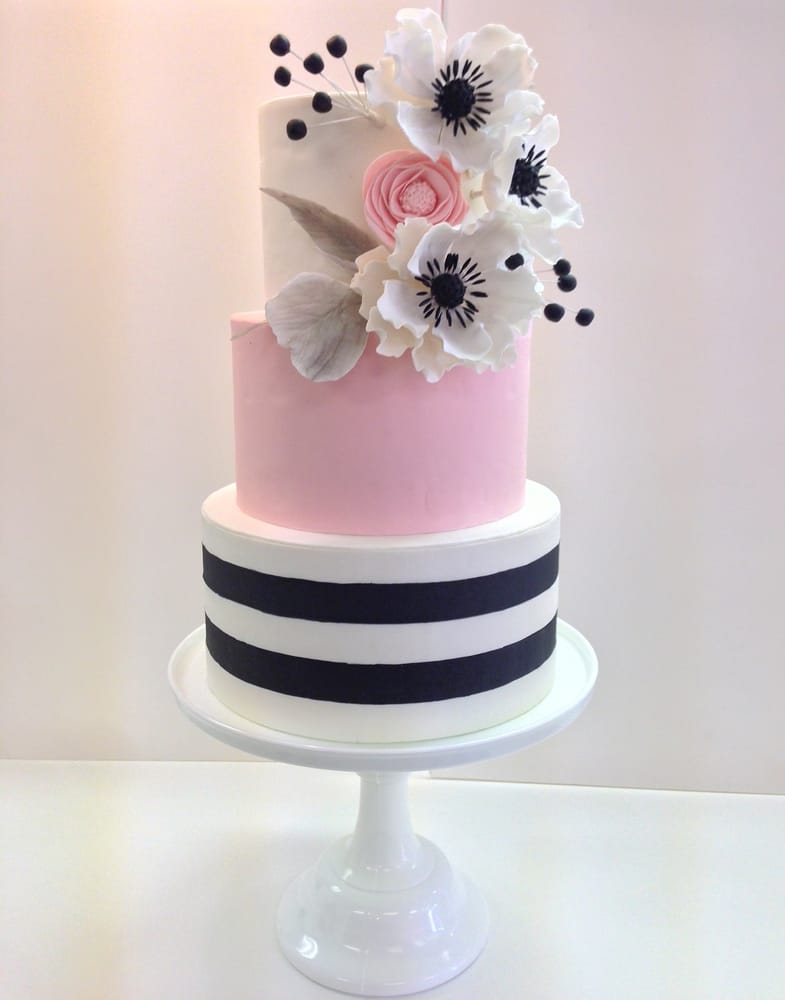 Black and White Wedding Cake with Pink Flowers