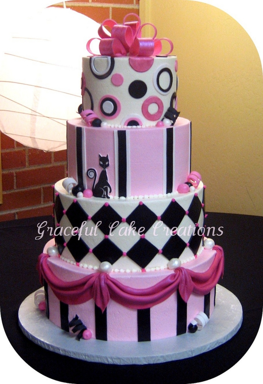 Pink Black and White Wedding Cake