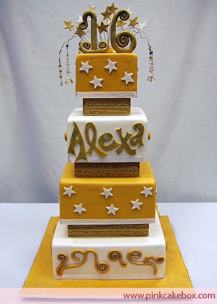 White and Gold Sweet 16 Cake