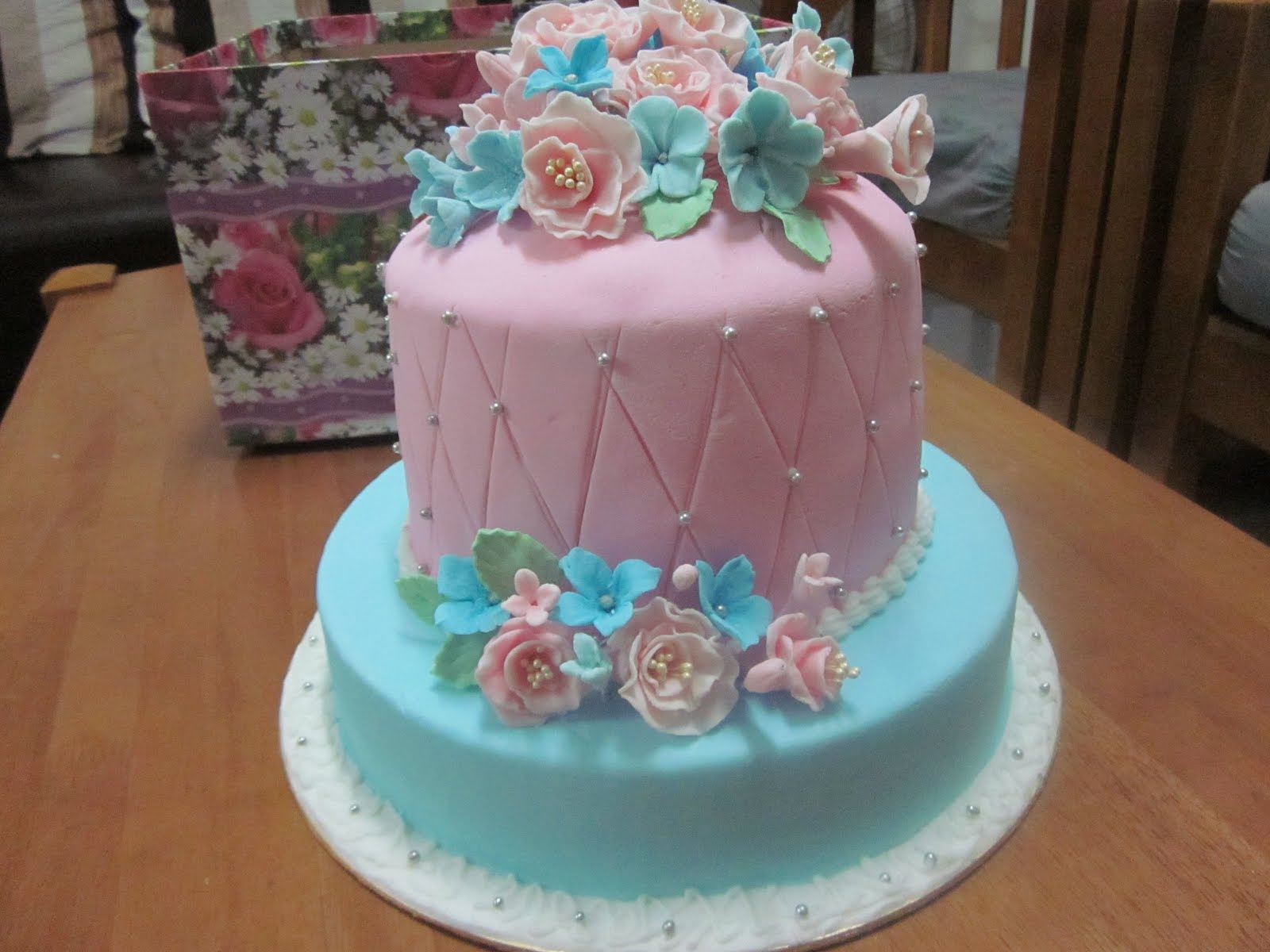 Baby Blue and Pink Wedding Cake