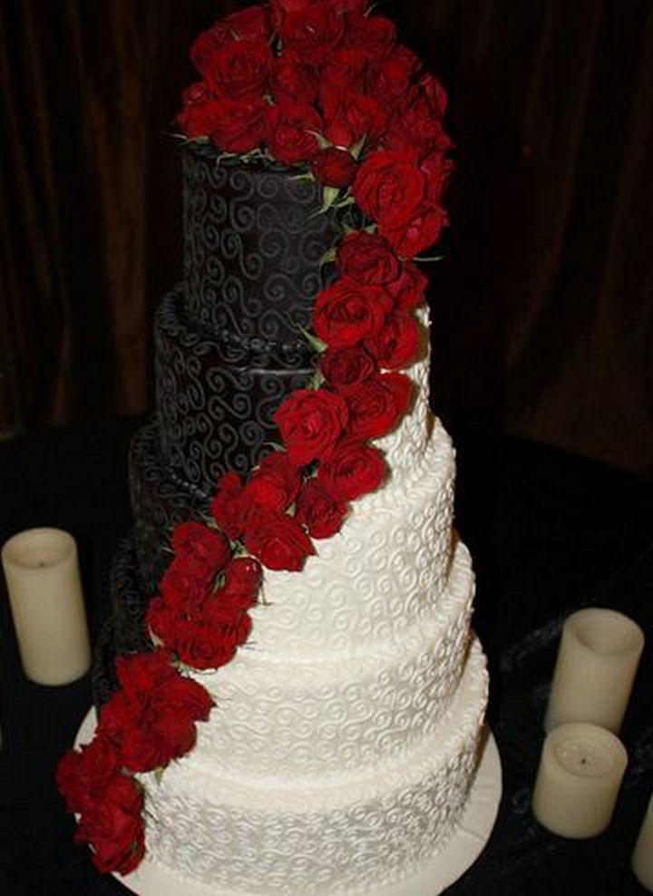 Black and White Wedding Cake with Red Roses