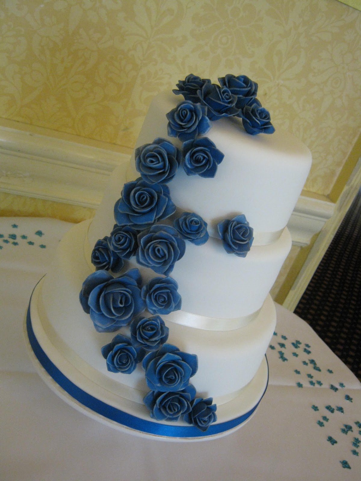 Blue and White 3 Tier Wedding Cake