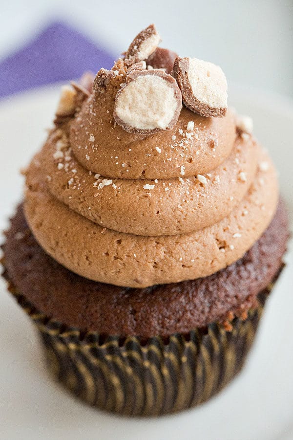 Chocolate Malted Milk Ball Cupcakes