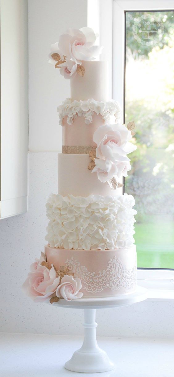 Pink and White Wedding Cake with Flowers