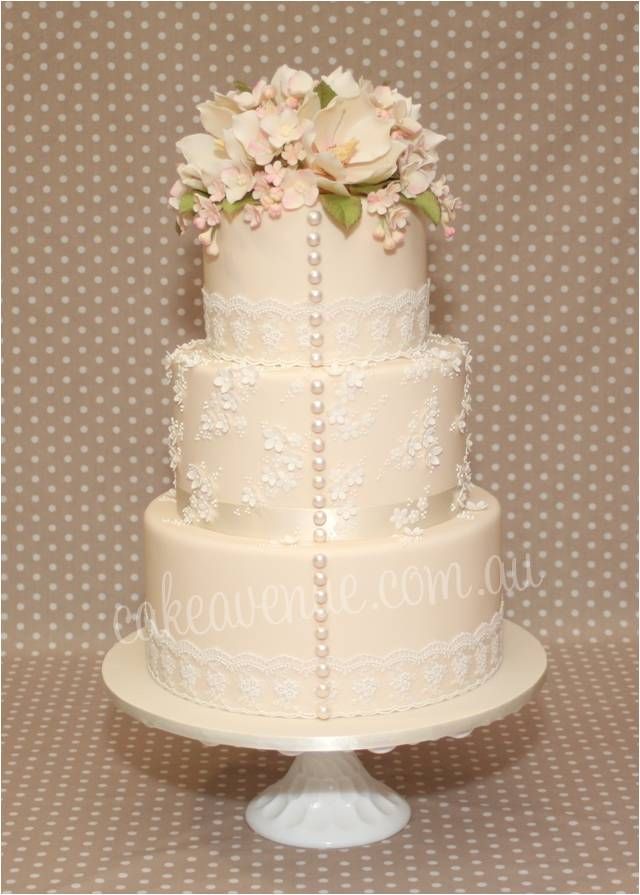 Wedding Cake with Pearls and Lace Flower