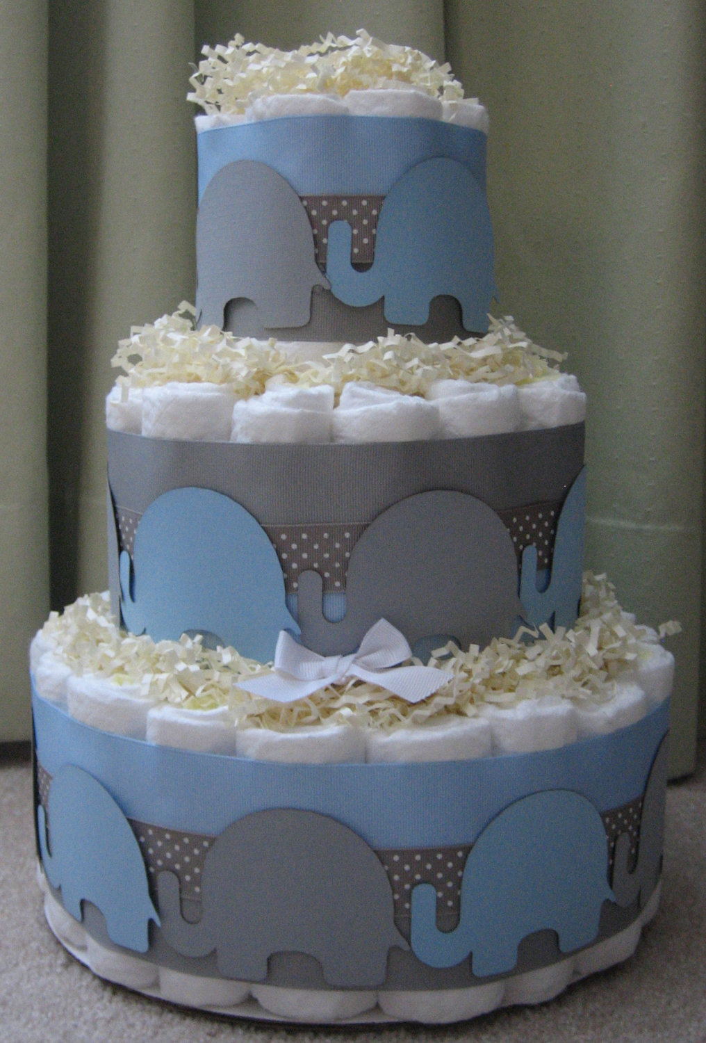 Blue and Gray Elephant Baby Shower Diaper Cake