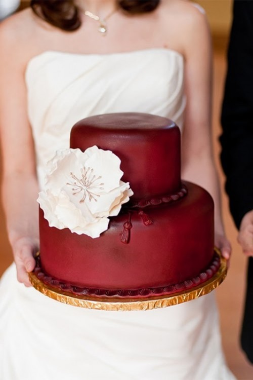 Burgundy Flowers Wedding Cake