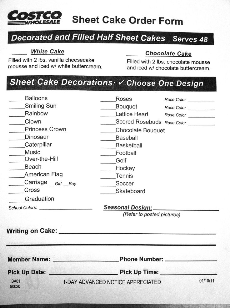 Costco Sheet Cake Order Form