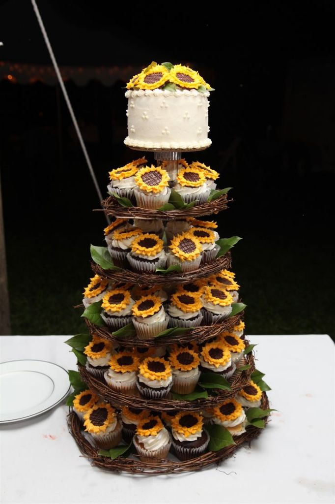 Wedding Cake and Cupcakes with Sunflowers