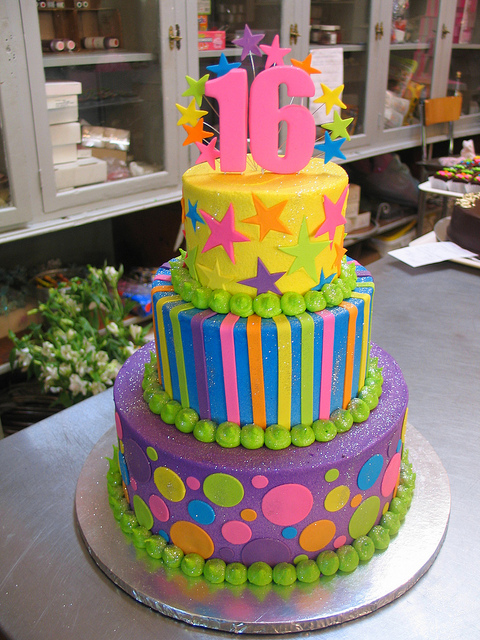 Pink Yellow Blue 3 Tier Birthday Cake Photos