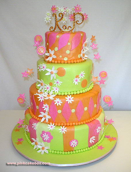 Pink Green and Orange Wedding Cake